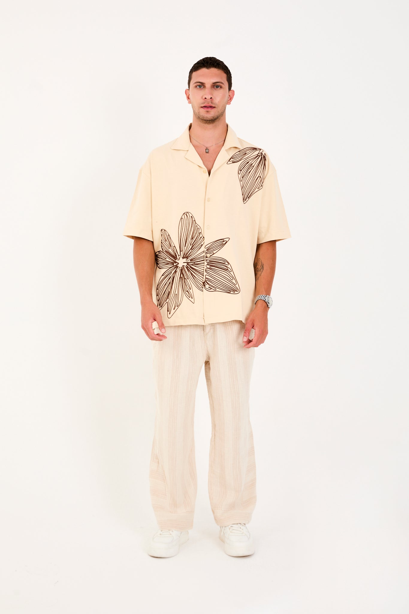 Men’s Cuban Collar Short Sleeve Cotton Shirt with Embroidery – R-6094