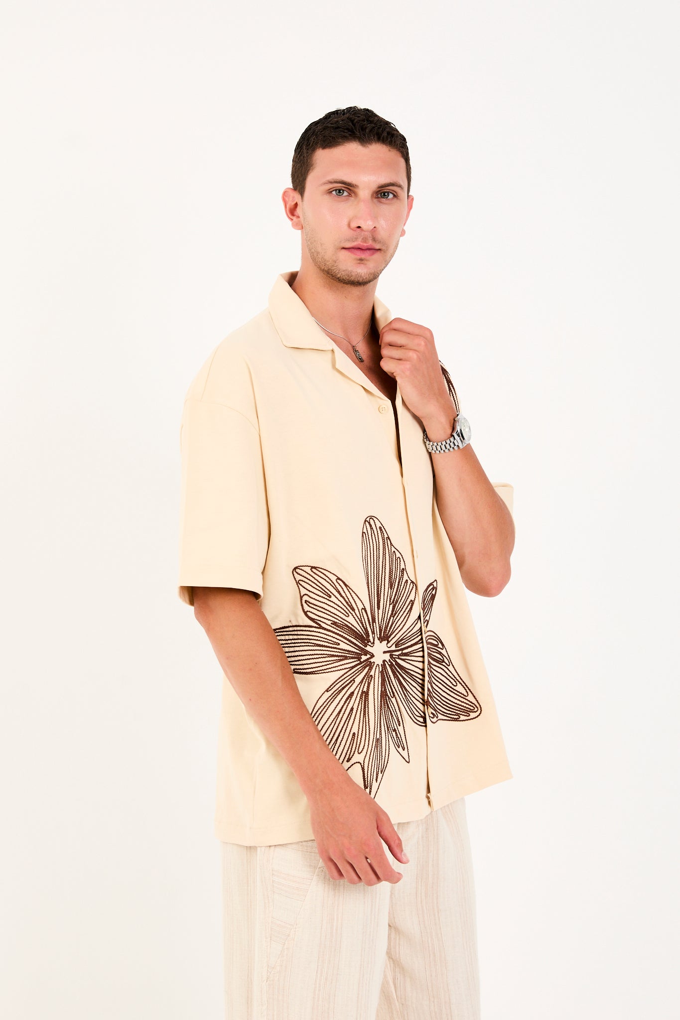 Men’s Cuban Collar Short Sleeve Cotton Shirt with Embroidery – R-6094