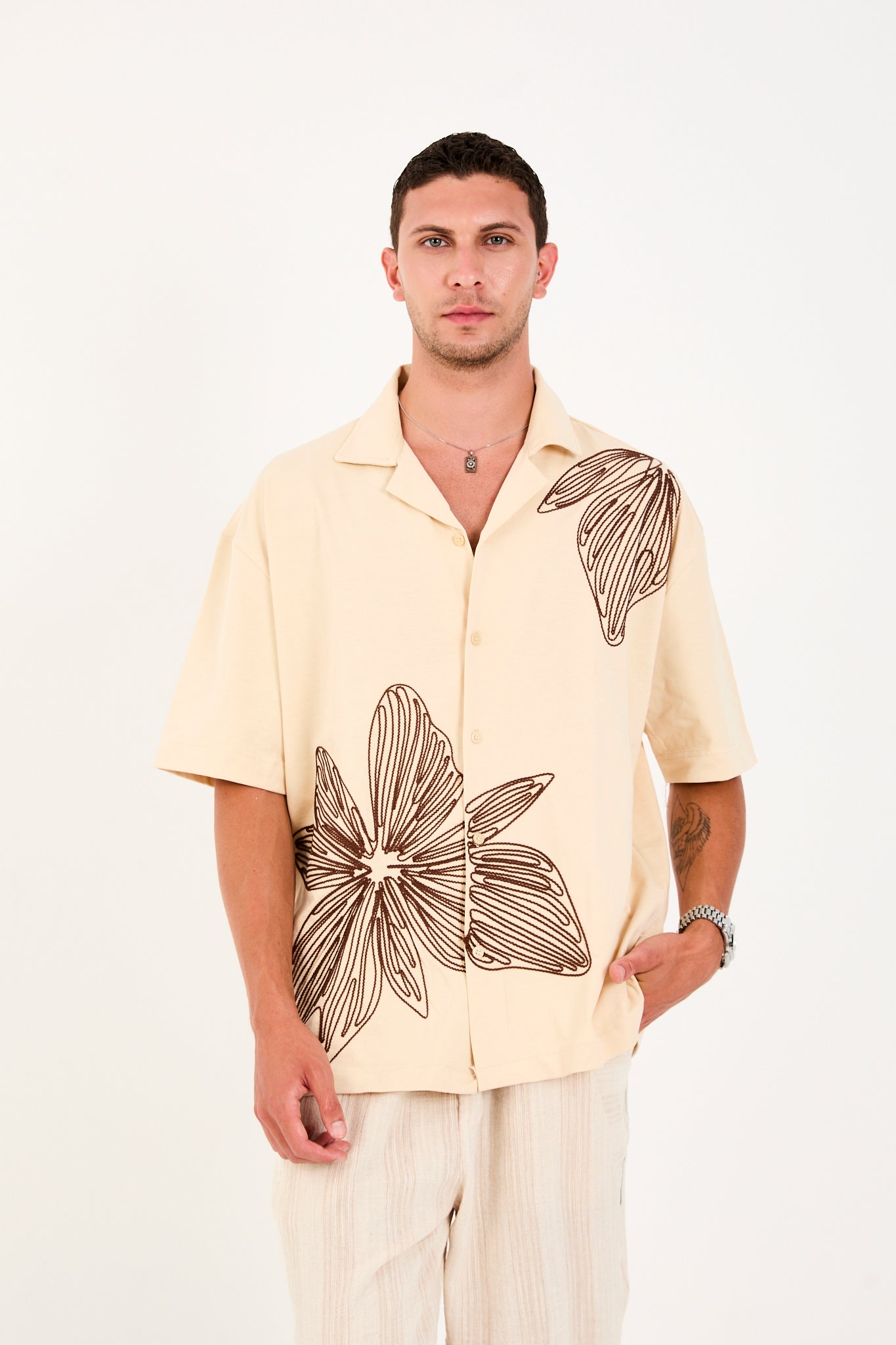 Men’s Cuban Collar Short Sleeve Cotton Shirt with Embroidery – R-6094