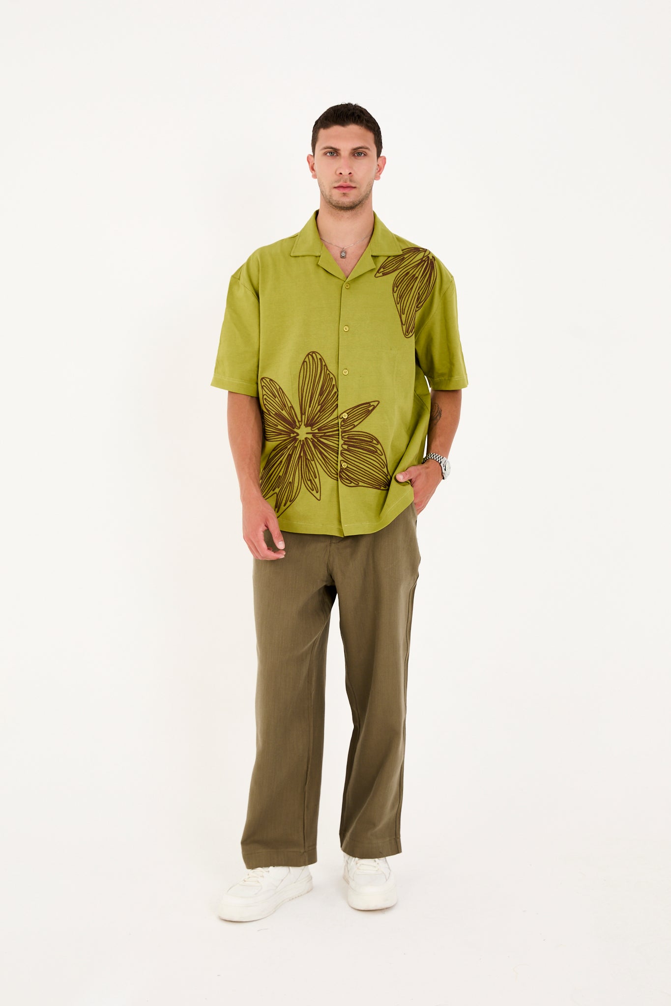 Men’s Cuban Collar Short Sleeve Cotton Shirt with Embroidery – R-6094