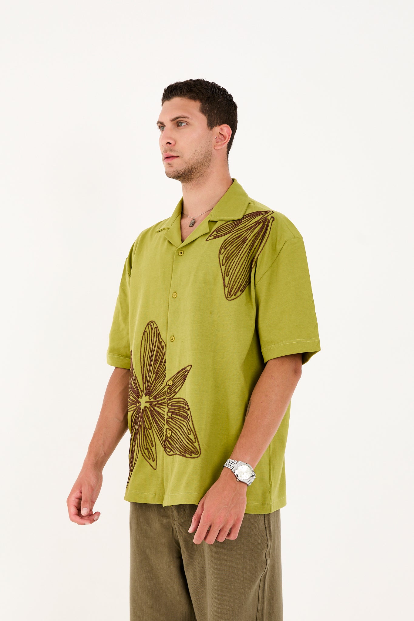 Men’s Cuban Collar Short Sleeve Cotton Shirt with Embroidery – R-6094