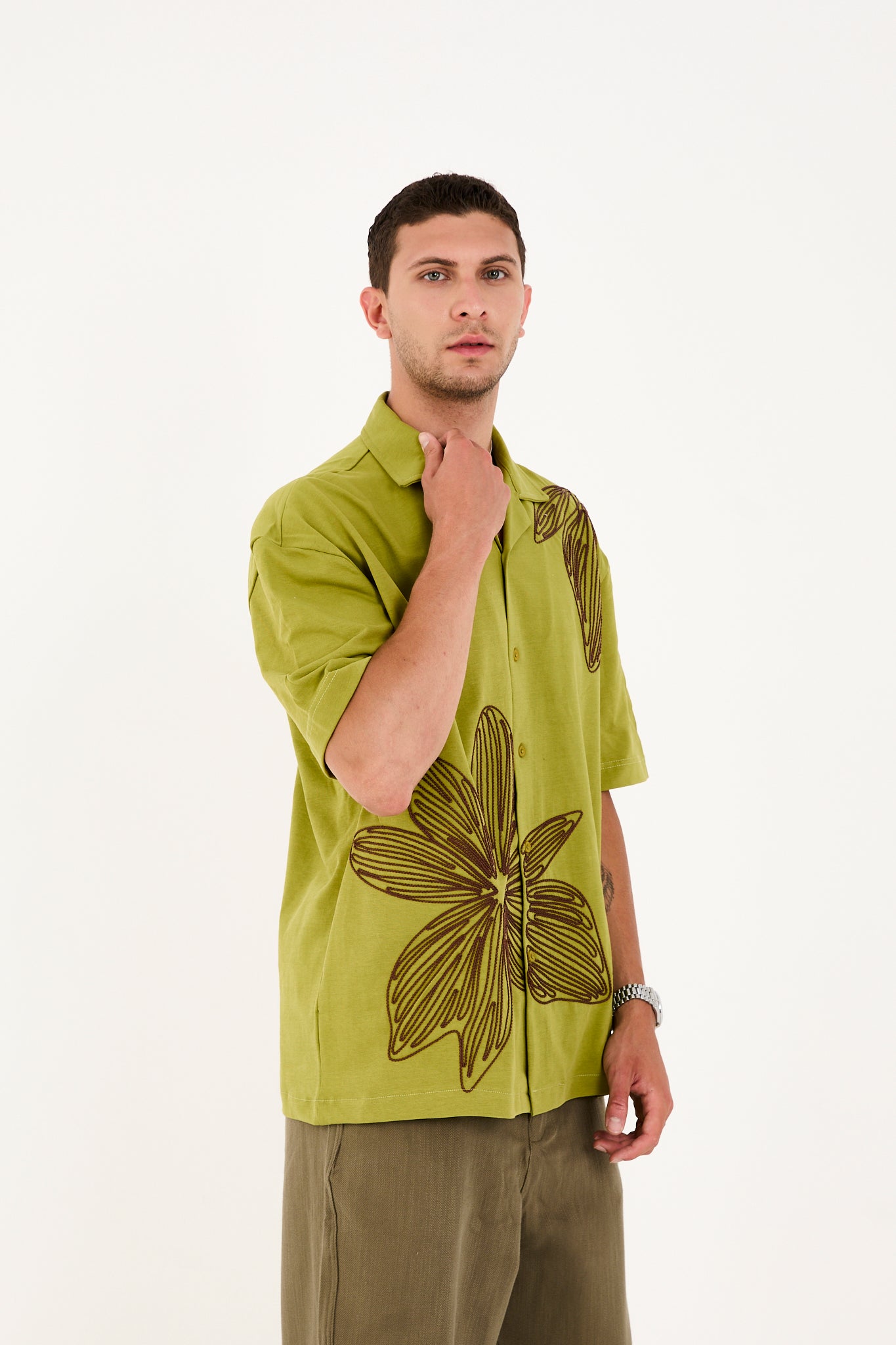 Men’s Cuban Collar Short Sleeve Cotton Shirt with Embroidery – R-6094