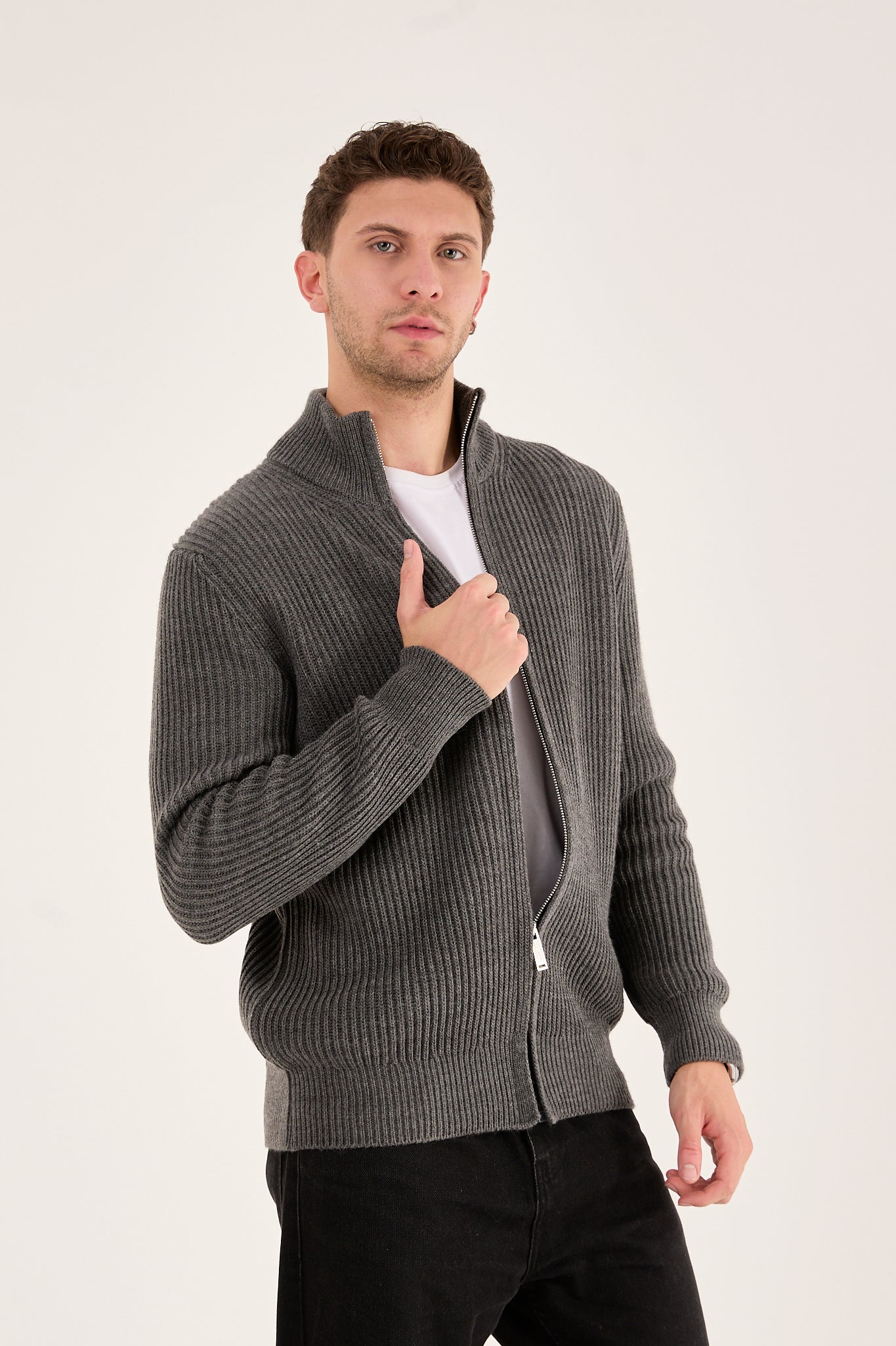 Men’s Ribbed Zip-Up Knit Cardigan – Premium Heavy Knit-X-5006