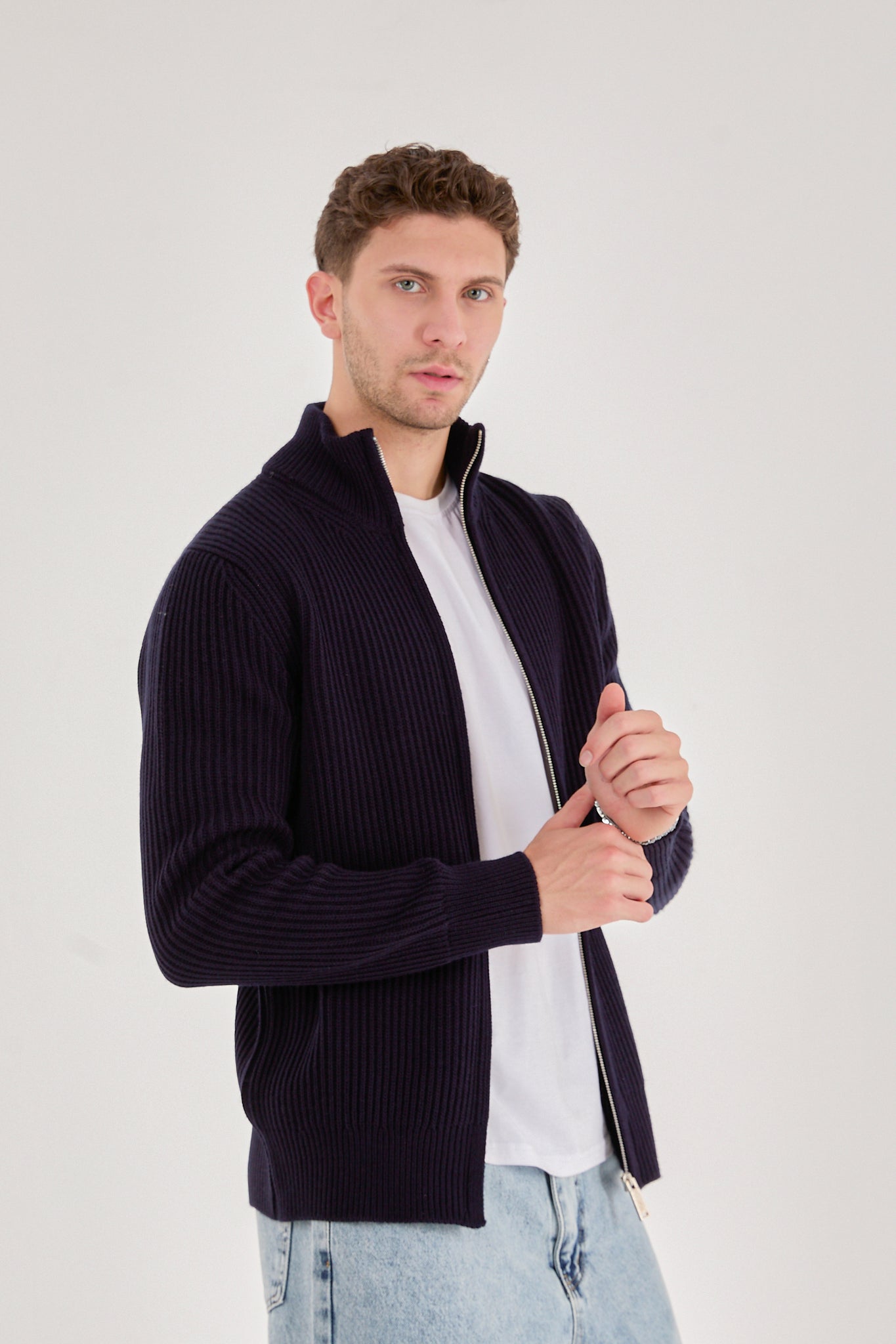 Men’s Ribbed Zip-Up Knit Cardigan – Premium Heavy Knit-X-5006