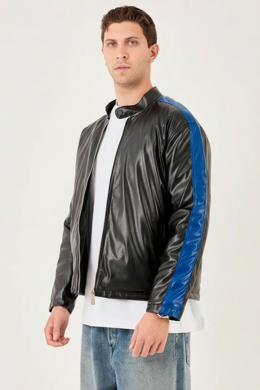 Men's Quilted Lined Faux Leather Jacket with Contrast Trim – X-2016