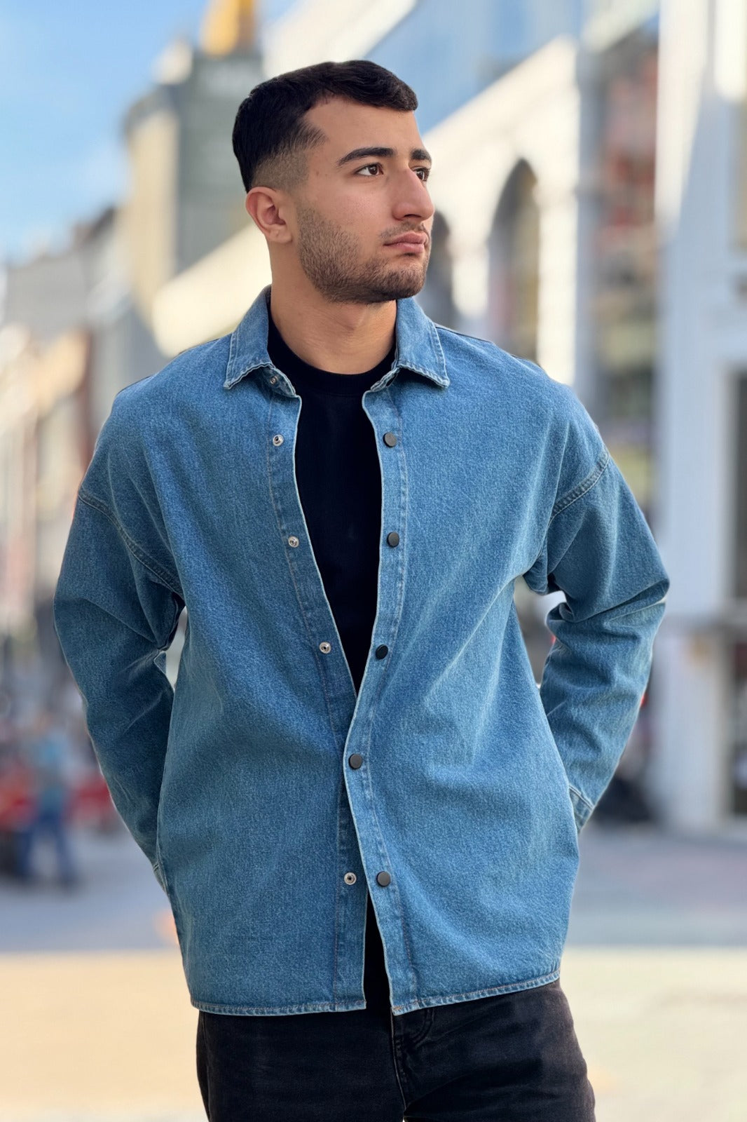 Washed Denim Stand-Collar Shirt R-6011
