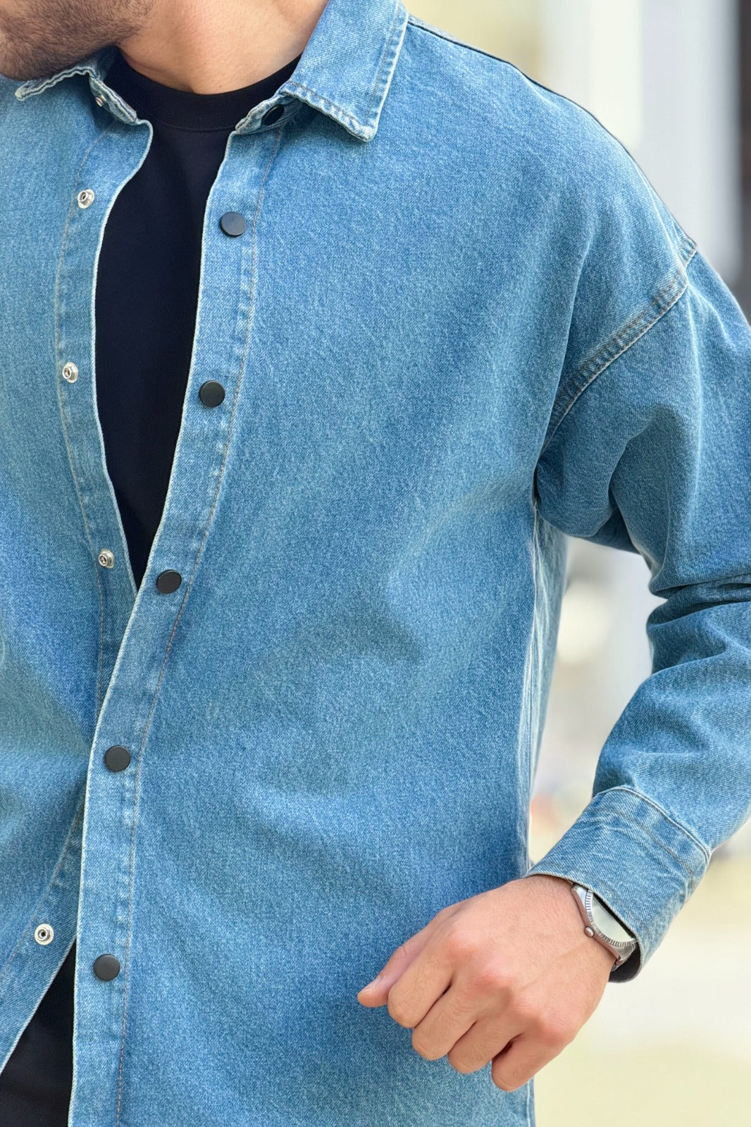 Washed Denim Stand-Collar Shirt R-6011