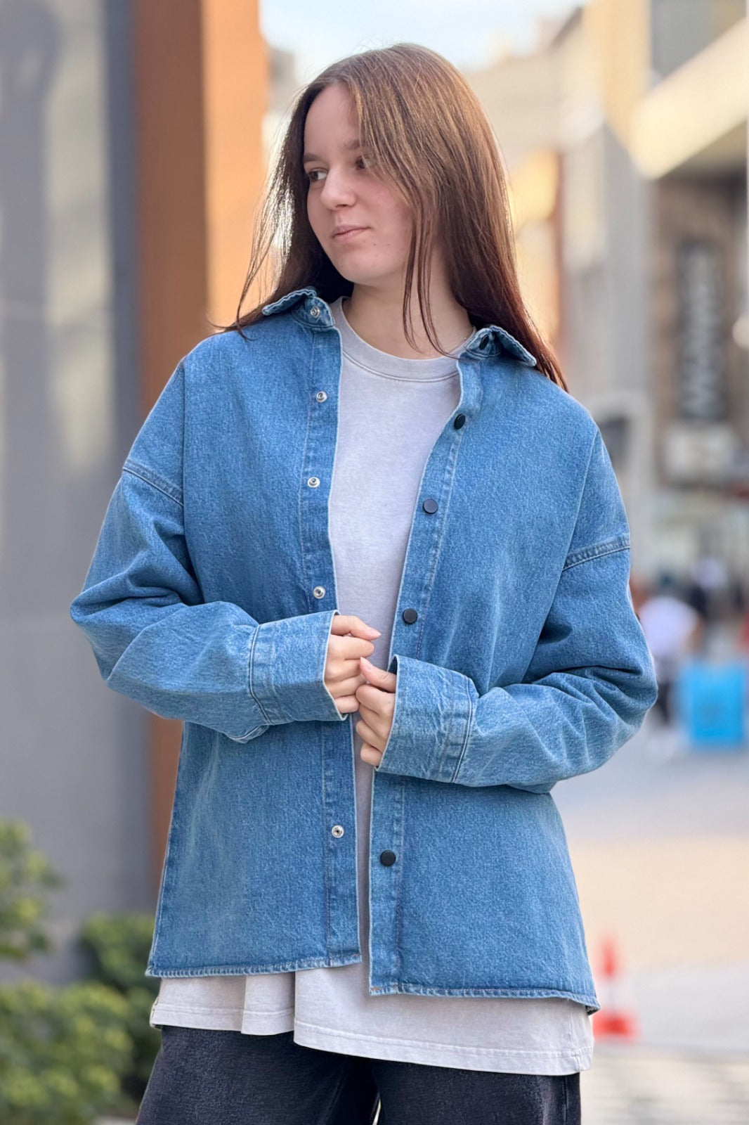Washed Denim Stand-Collar Shirt R-6011