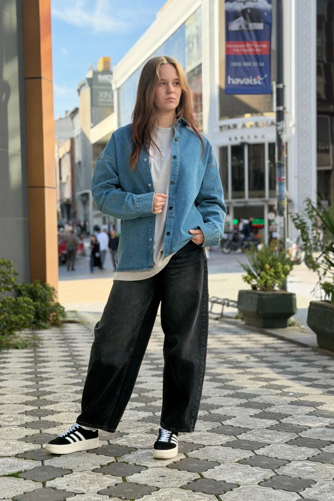 Washed Denim Stand-Collar Shirt R-6011