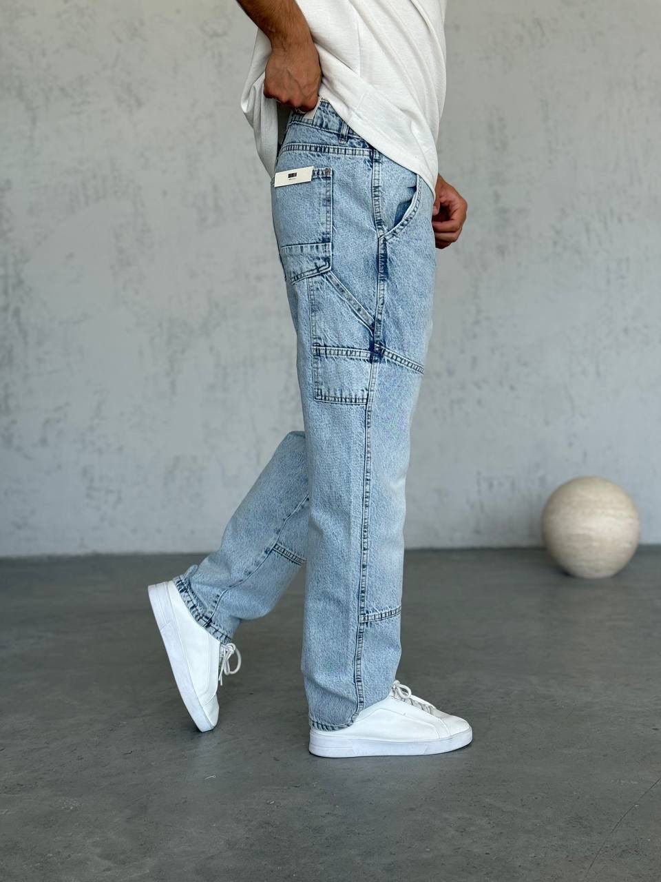 Men’s Light Blue Jeans – Relaxed Fit Cargo Style Casual Denim Trousers-T-2949-4