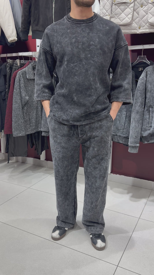 Washed Black ¾ Sleeve Oversized Sweatshirt-X-4001
