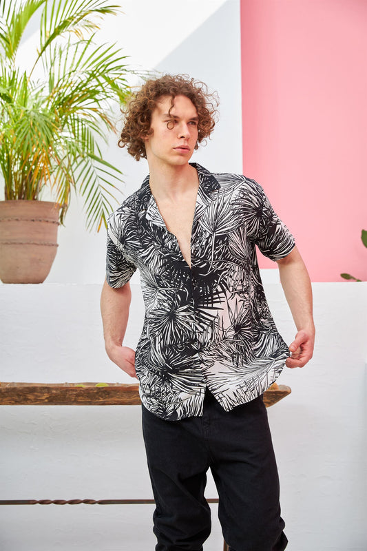 Men's Palm Print Camp Collar Short Sleeve Shirt R-3669