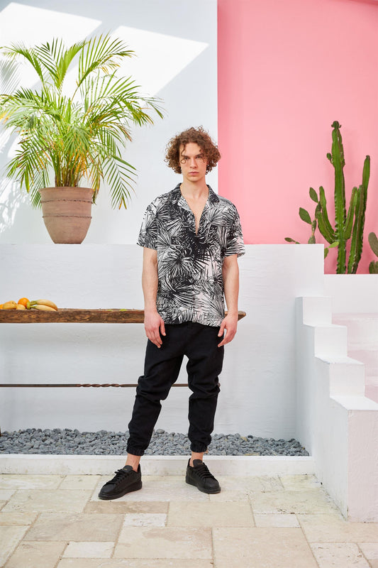 Men's Palm Print Camp Collar Short Sleeve Shirt R-3669