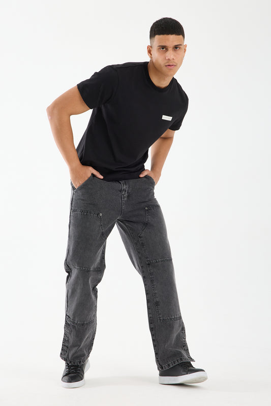 Washed Grey Wide Leg Denim Jeans for Men T-335