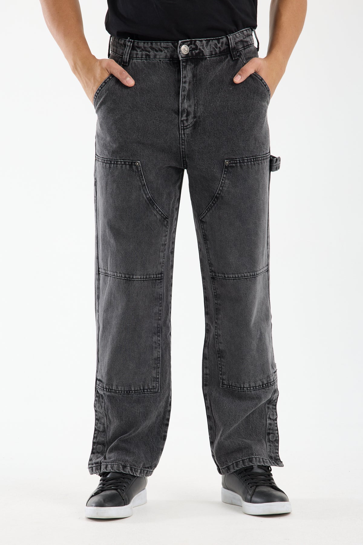 Washed Grey Wide Leg Denim Jeans for Men T-335