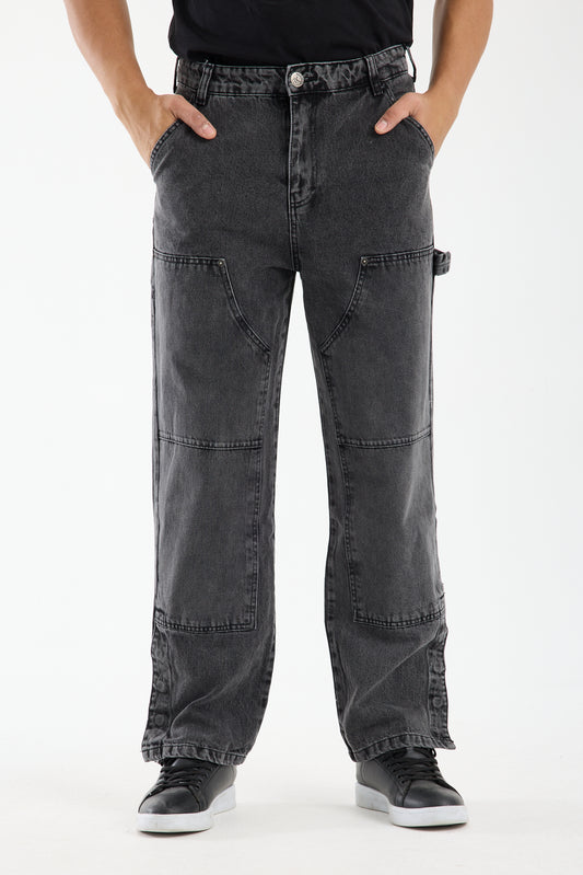 ROCQERX Men's Washed Grey Wide Leg Denim Jeans for Men with zip front & multiple pockets, Relaxed Fit for everyday streetwear
