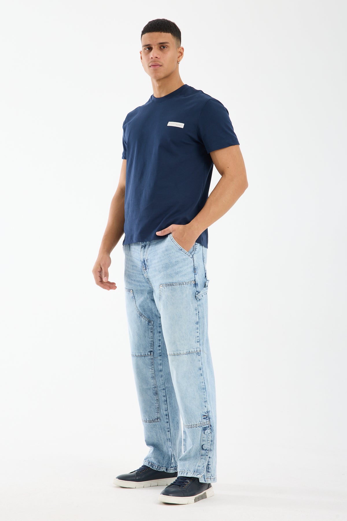 Washed Light Blue Wide Leg Denim Jeans for Men T-335