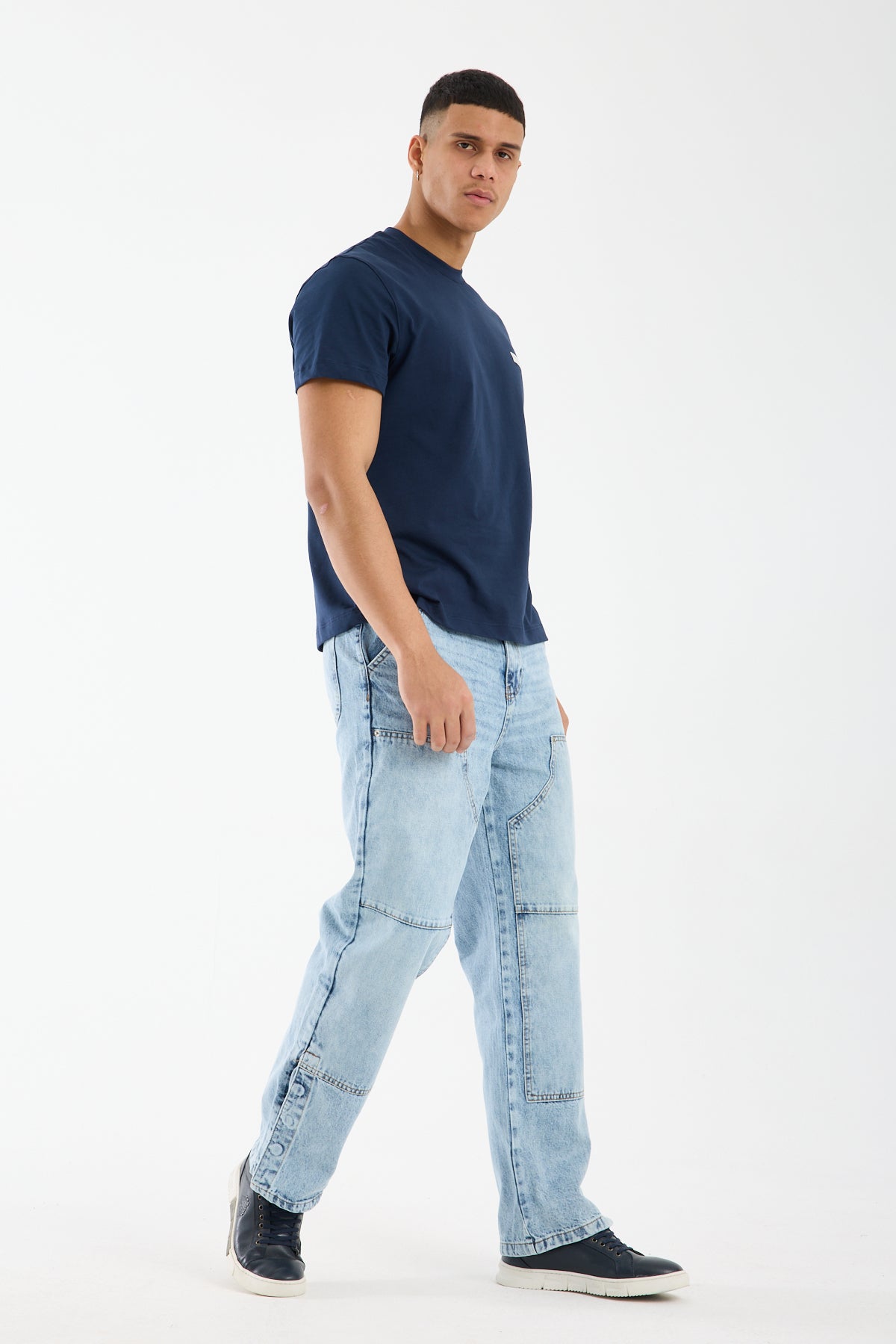 Washed Light Blue Wide Leg Denim Jeans for Men T-335
