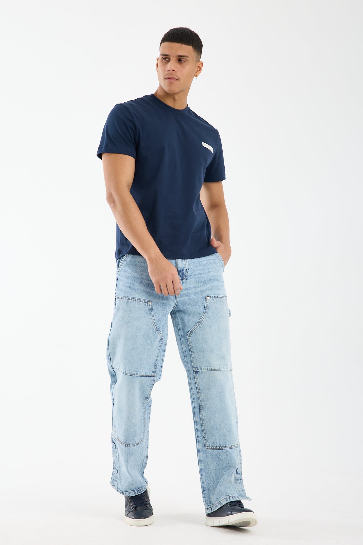 Washed Light Blue Wide Leg Denim Jeans for Men T-335