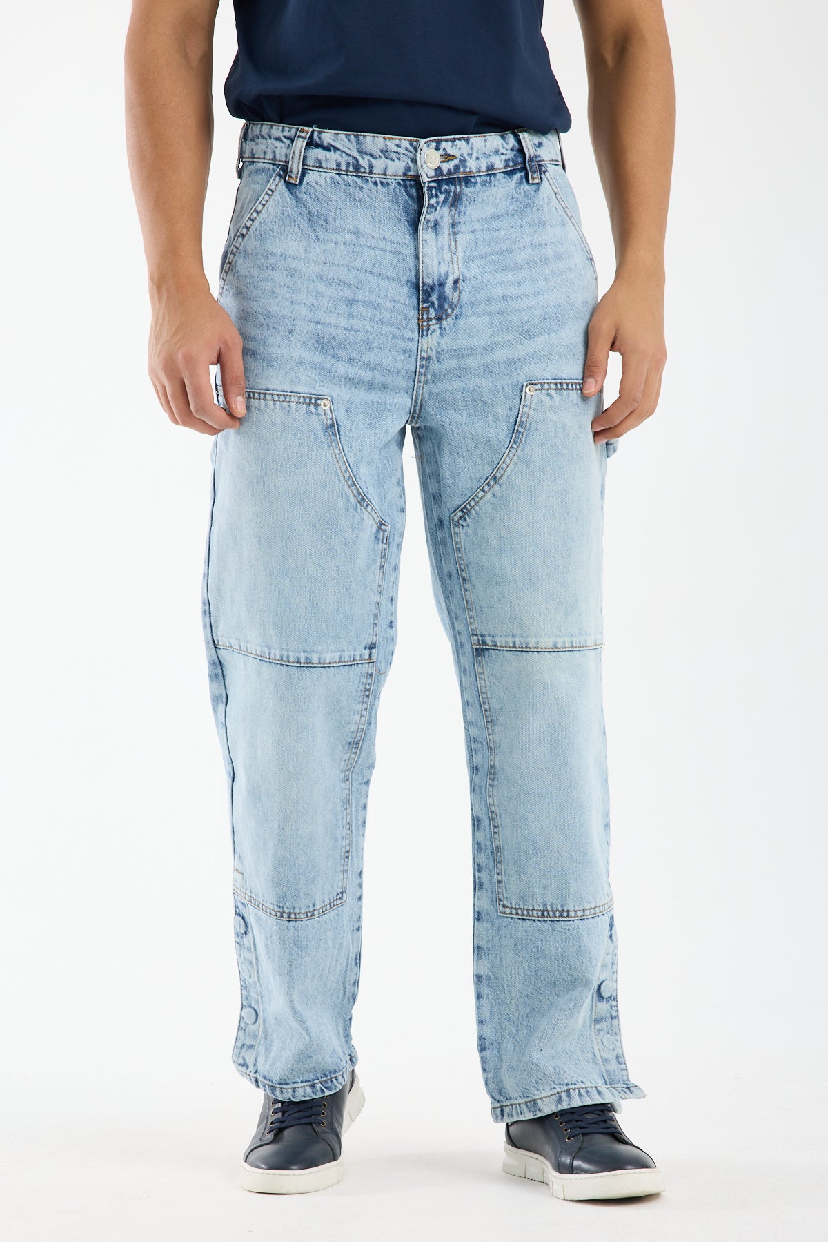 Washed Light Blue Wide Leg Denim Jeans for Men T-335