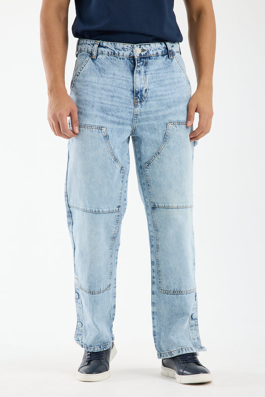ROCQERX Men's Washed Light Blue Wide Leg Denim Jeans for Men with zip front & multiple pockets, Relaxed Fit for everyday streetwear
