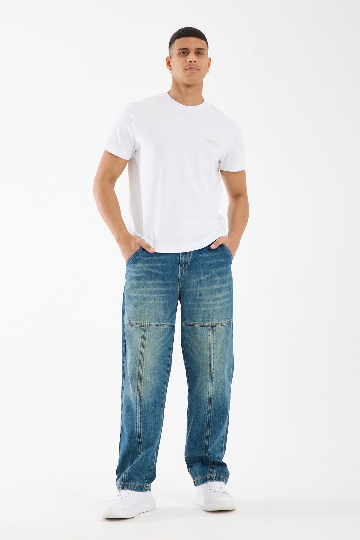 Washed Blue Wide Leg Carpenter Jeans for Men T-338