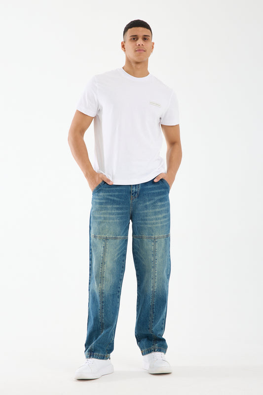 Washed Blue Wide Leg Carpenter Jeans for Men T-338