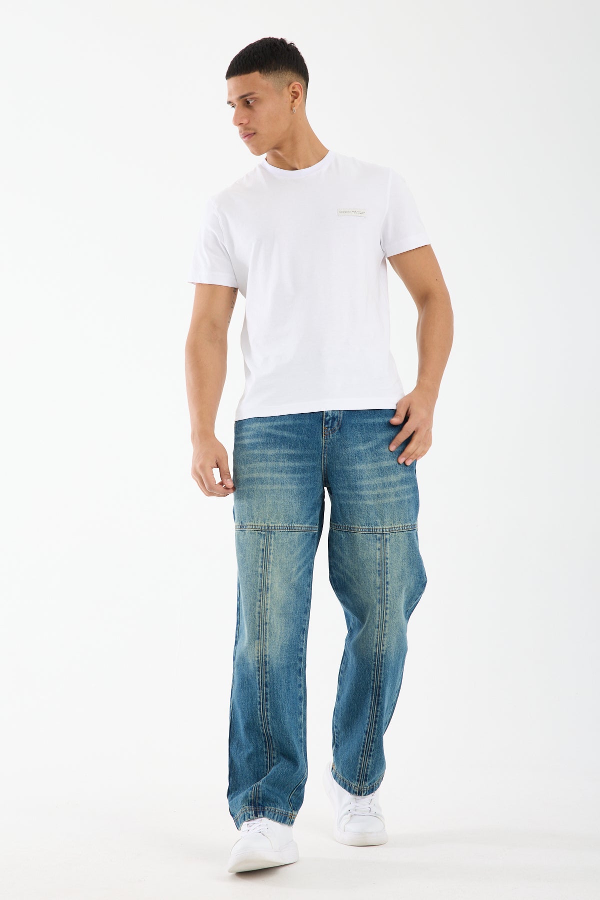 Washed Blue Wide Leg Carpenter Jeans for Men T-338