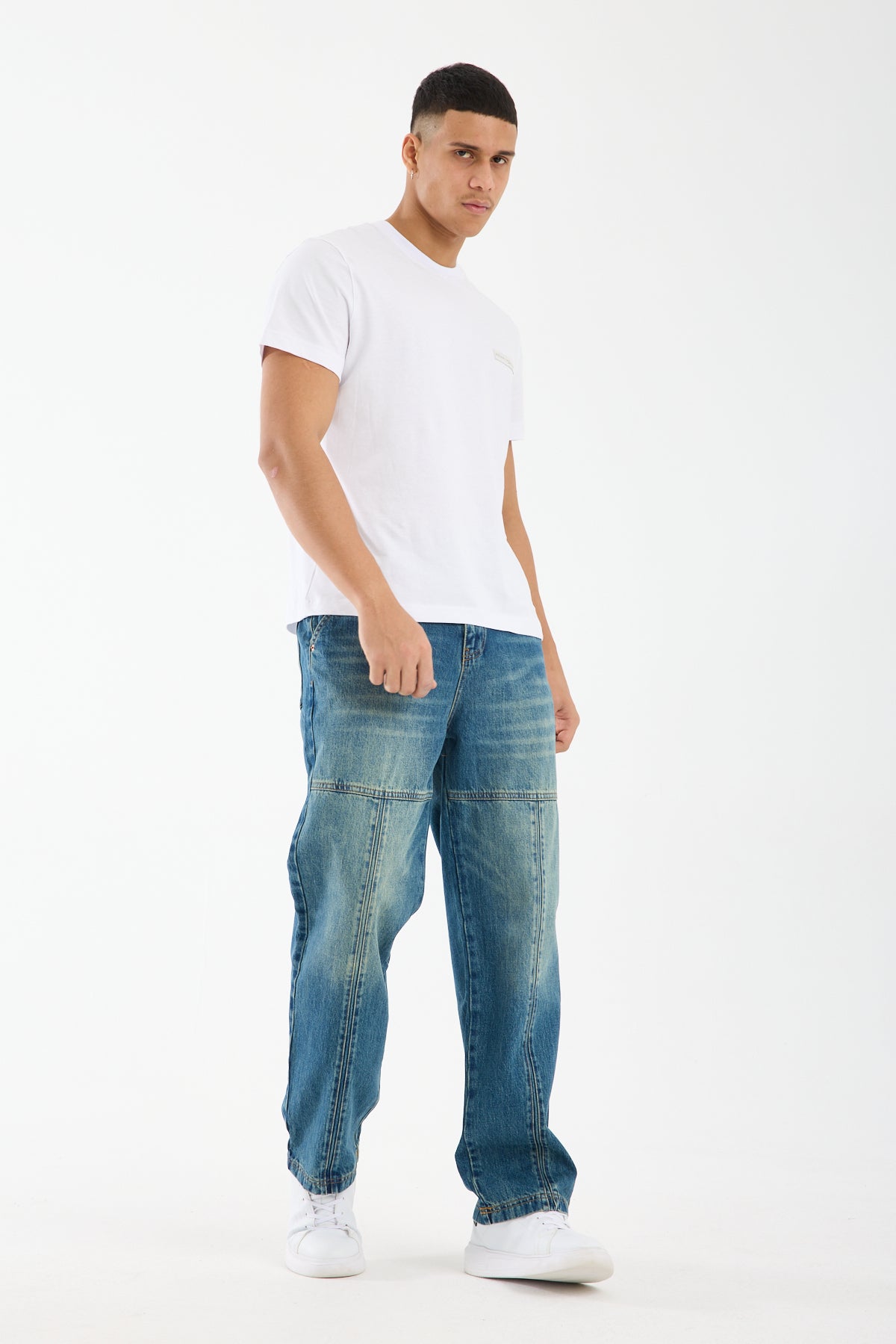 Washed Blue Wide Leg Carpenter Jeans for Men T-338