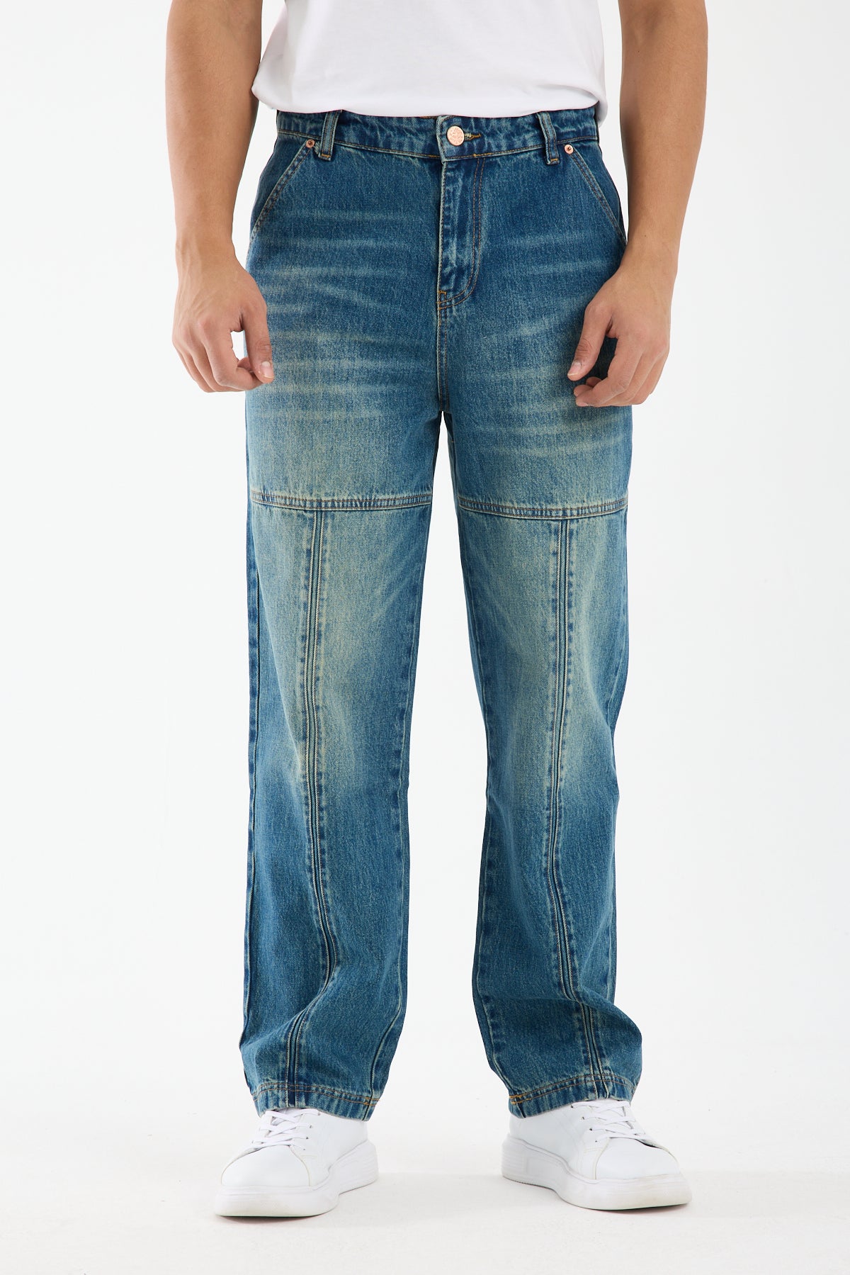 Washed Blue Wide Leg Carpenter Jeans for Men T-338