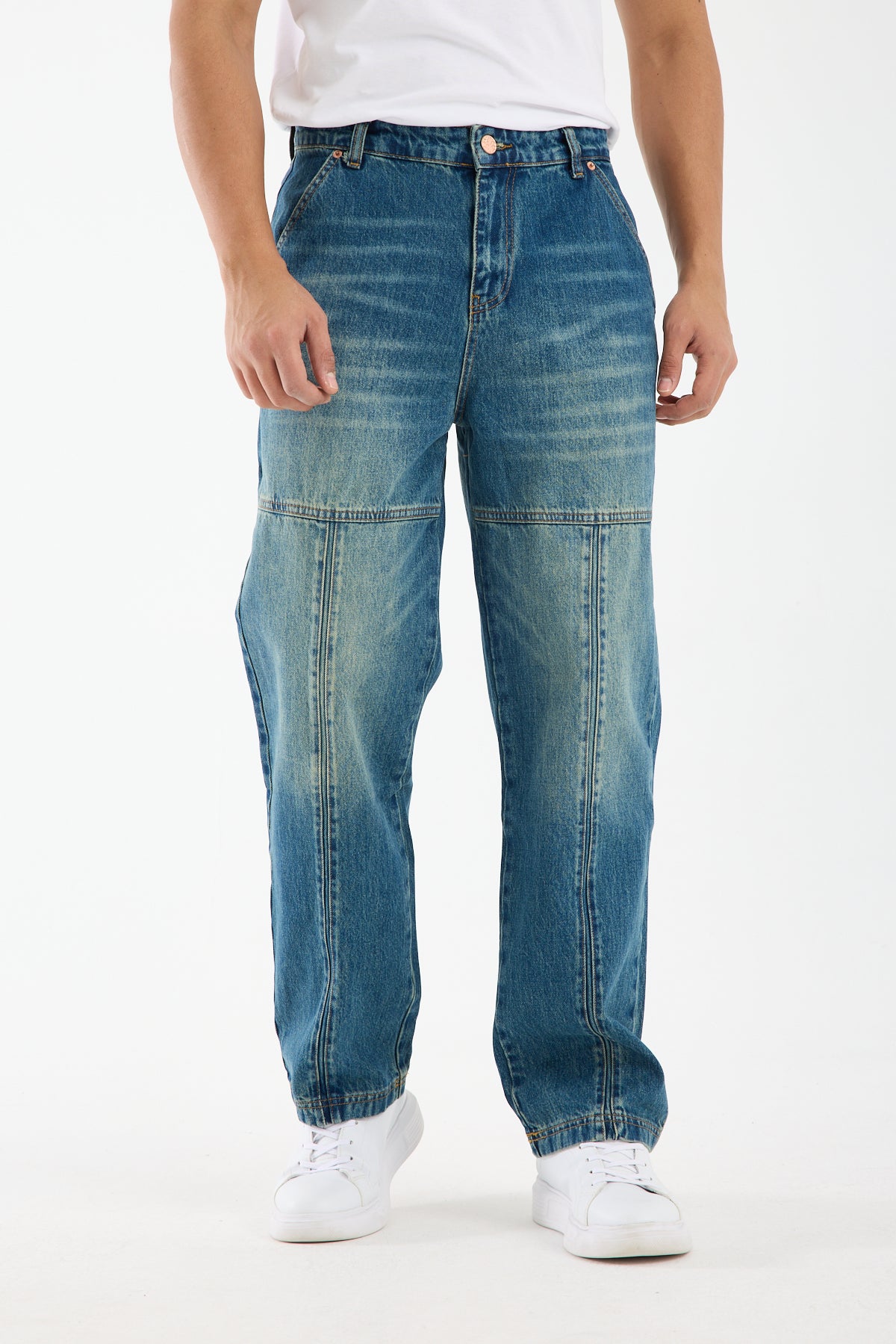 Washed Blue Wide Leg Carpenter Jeans for Men T-338