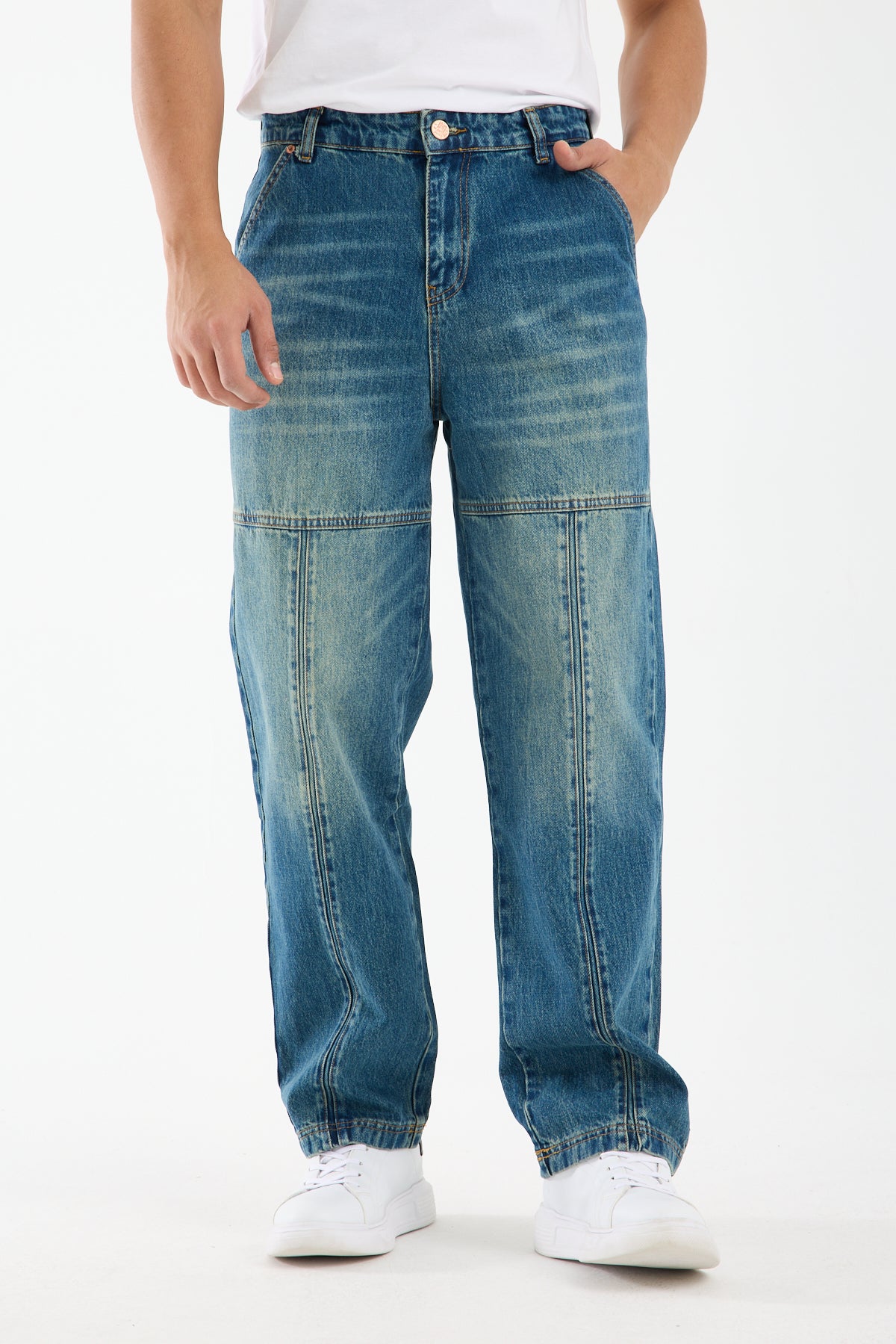 Washed Blue Wide Leg Carpenter Jeans for Men T-338