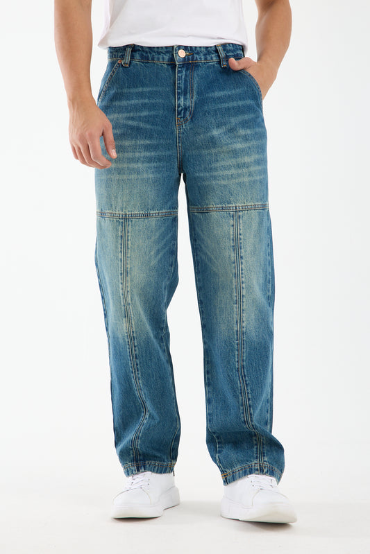 ROCQERX Men's Denim Washed Blue Wide Leg Carpenter Jeans for Men with zip front & multiple pockets, Relaxed Fit for everyday streetwear
