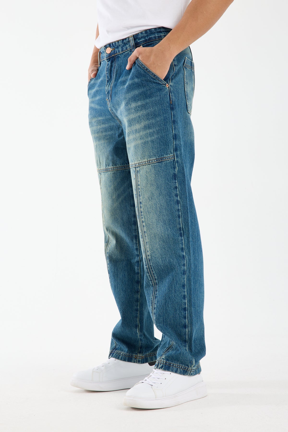 Washed Blue Wide Leg Carpenter Jeans for Men T-338