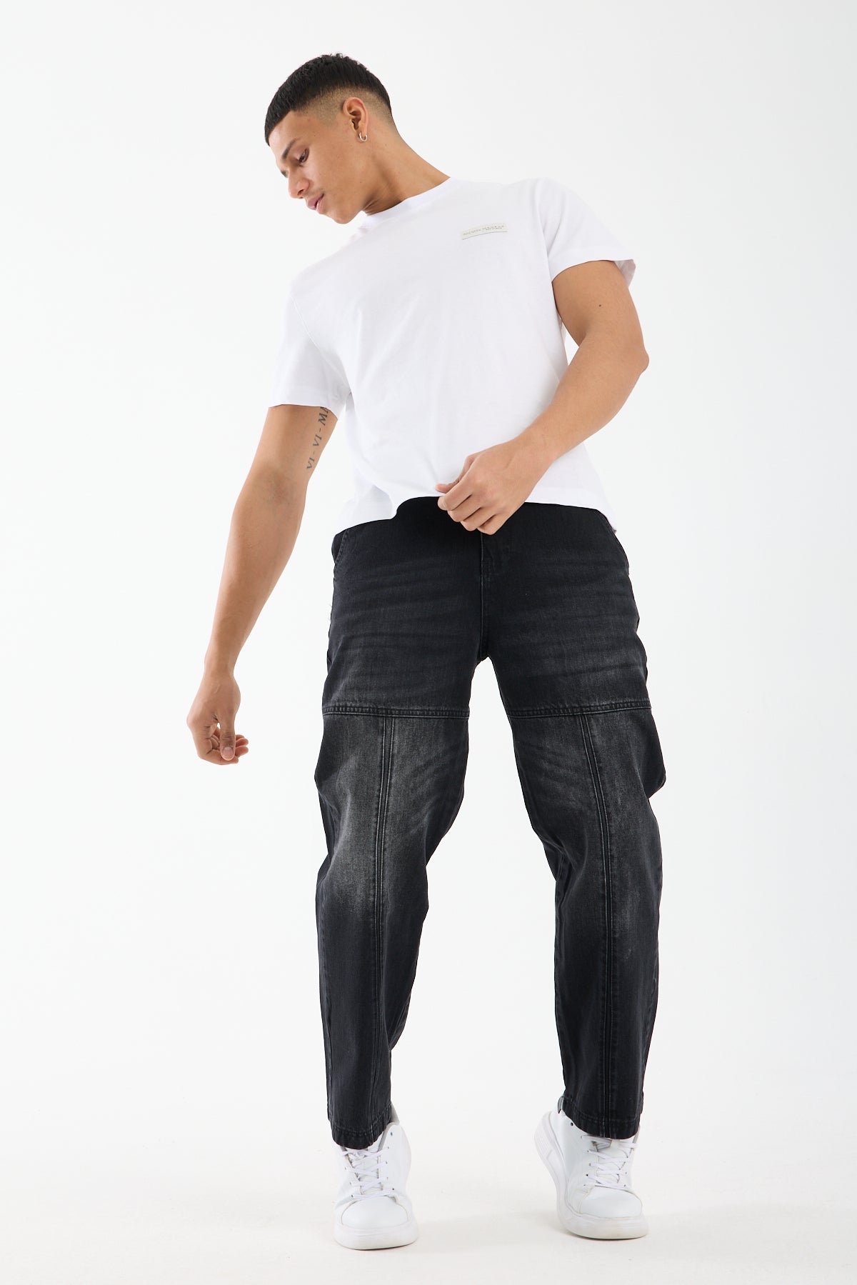 Washed Black Wide Leg Carpenter Jeans for Men T-338