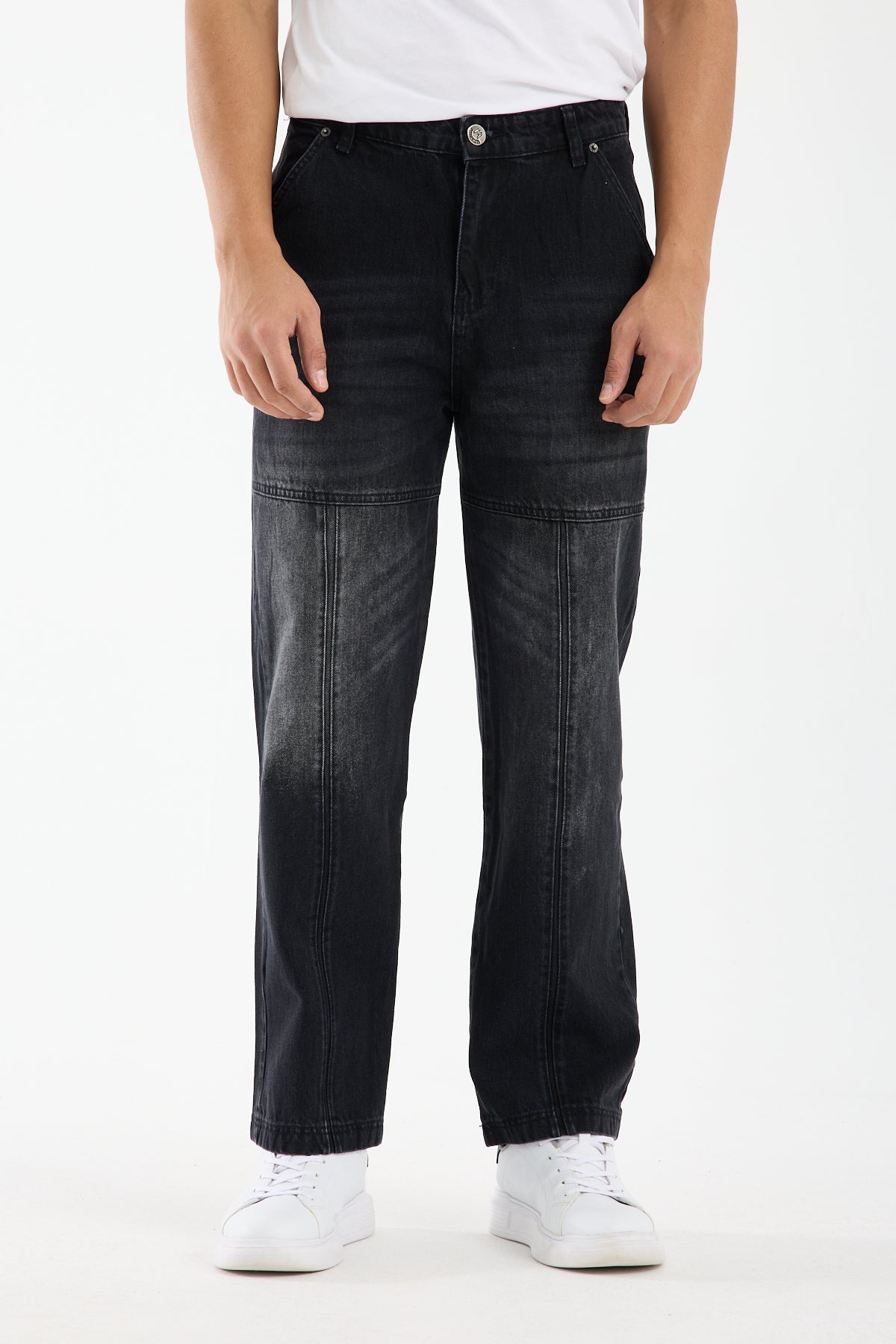 Washed Black Wide Leg Carpenter Jeans for Men T-338