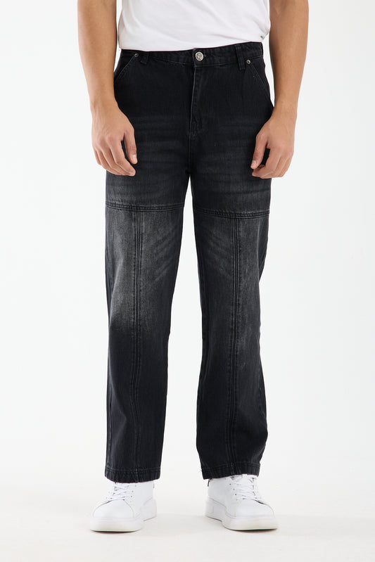 ROCQERX Men's Denim Washed Black Wide Leg Carpenter Jeans for Men with zip front & multiple pockets, Relaxed Fit for everyday streetwear