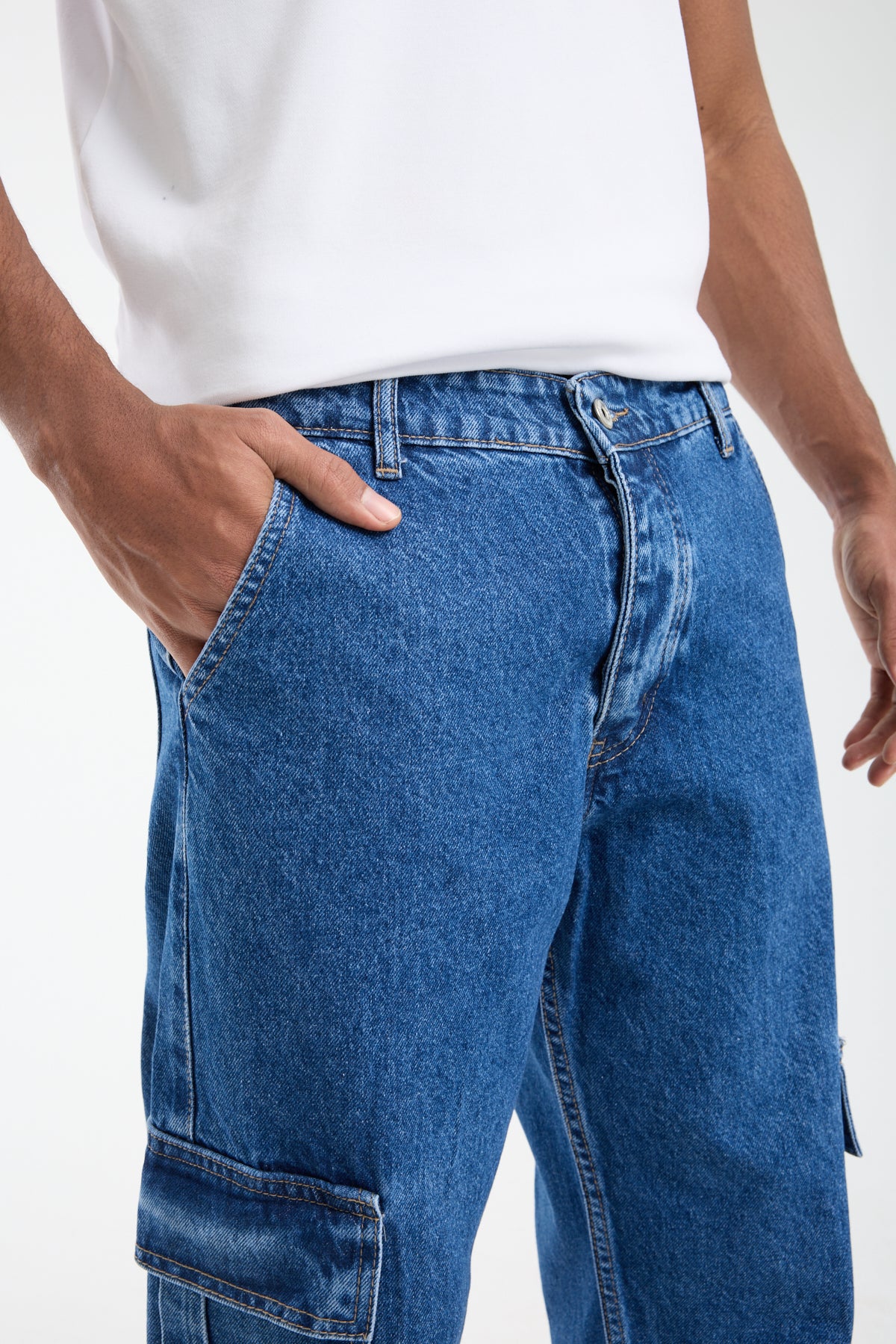 Men’s Washed Navy Blue Jeans with Side Pocket DetailT-3245