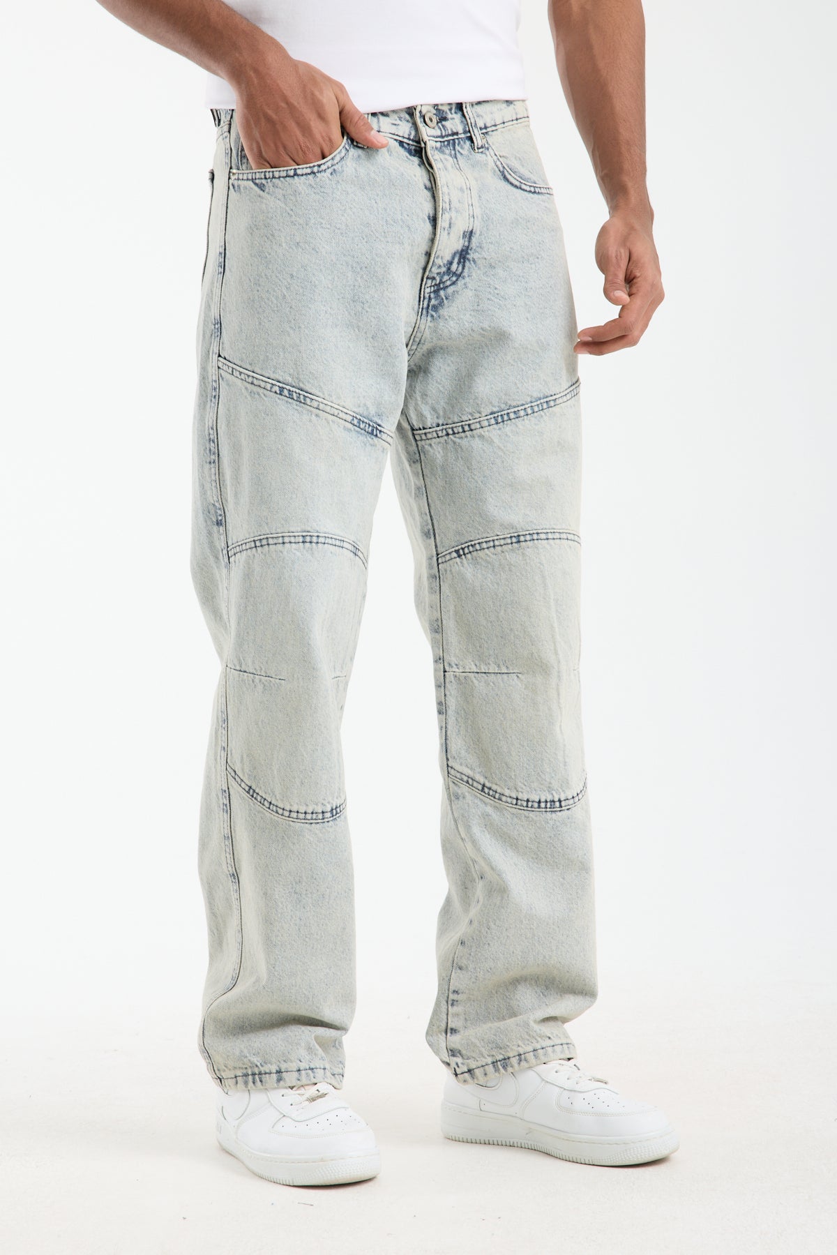 Men’s Washed Blue Panelled Jeans – Relaxed Fit Streetwear | T-3141