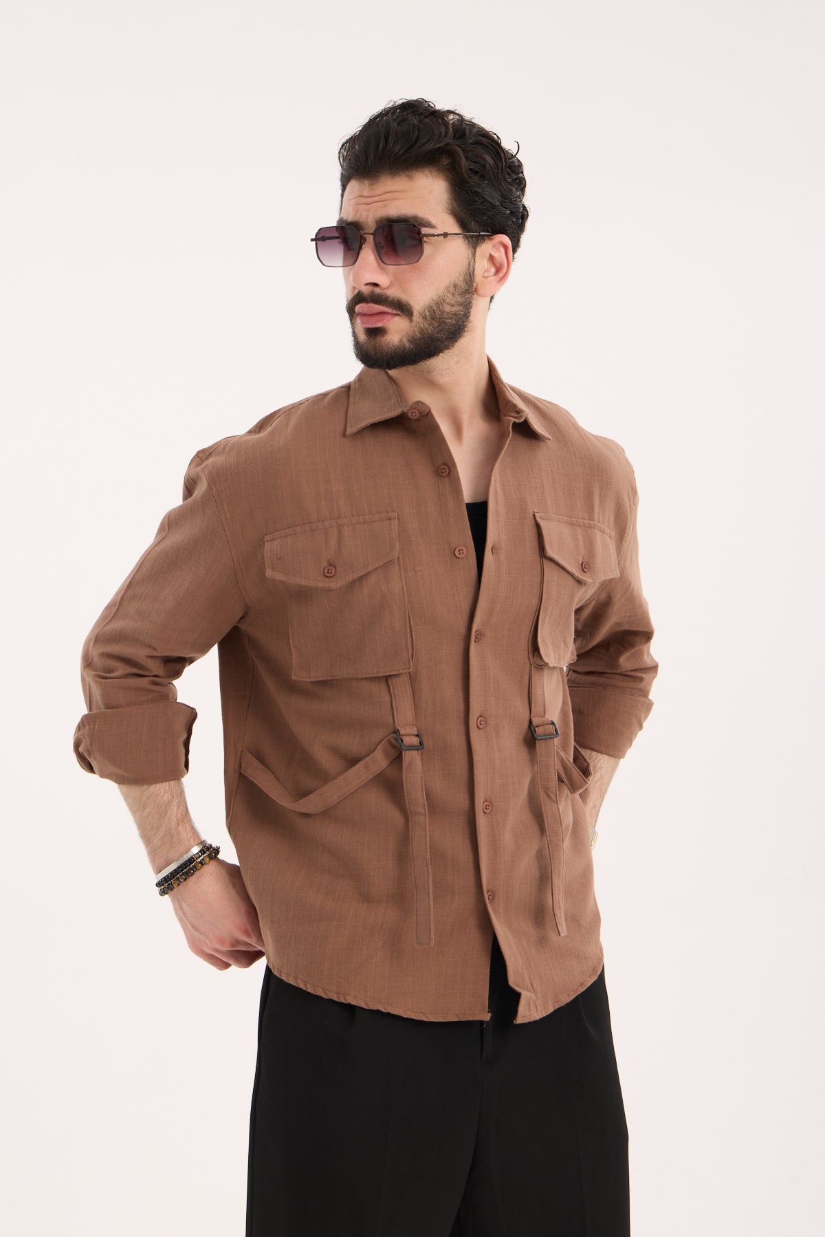 Men’s Long Sleeve Linen Band Collar Shirt with Double Pockets – R-6071