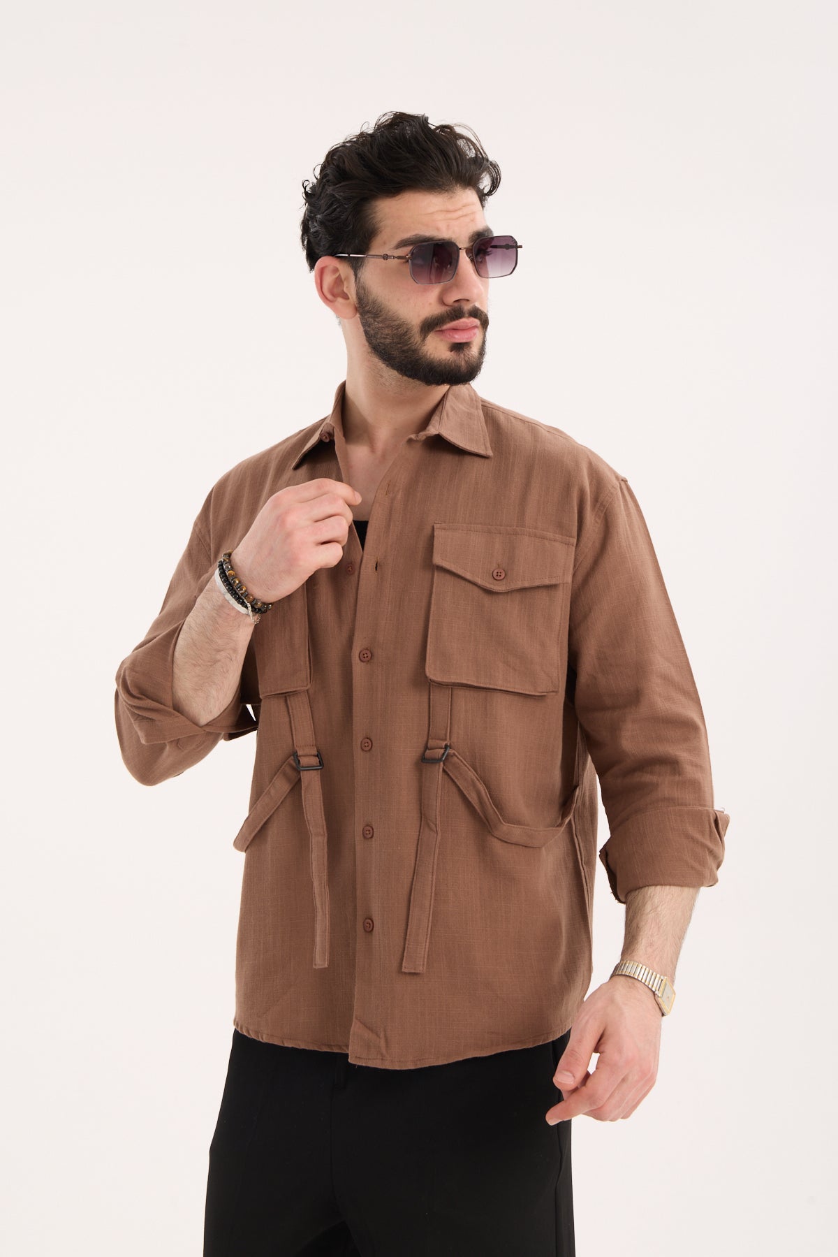 Men’s Long Sleeve Linen Band Collar Shirt with Double Pockets – R-6071