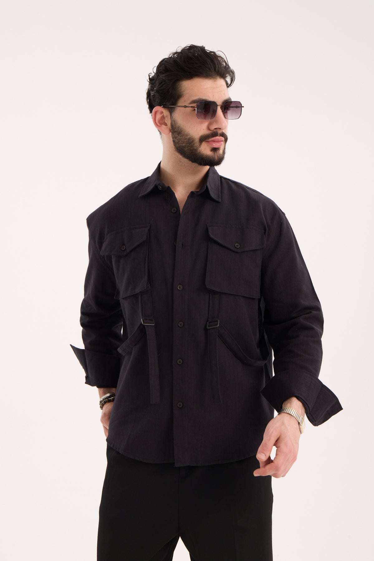 Men’s Long Sleeve Linen Band Collar Shirt with Double Pockets – R-6071