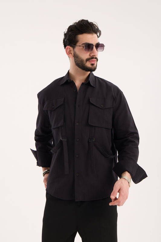 Men’s Long Sleeve Linen Band Collar Shirt with Double Pockets – R-6071