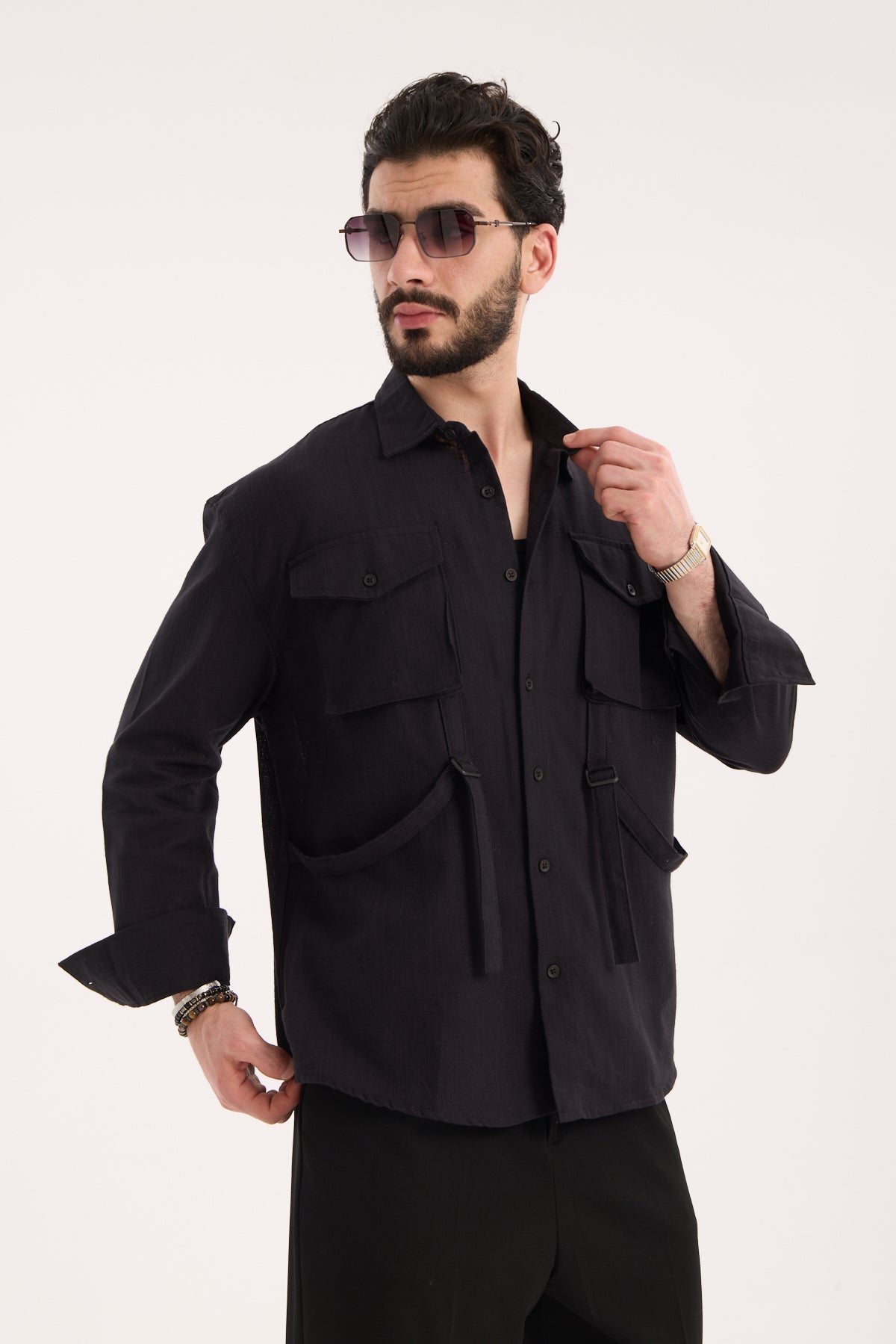 Men’s Long Sleeve Linen Band Collar Shirt with Double Pockets – R-6071