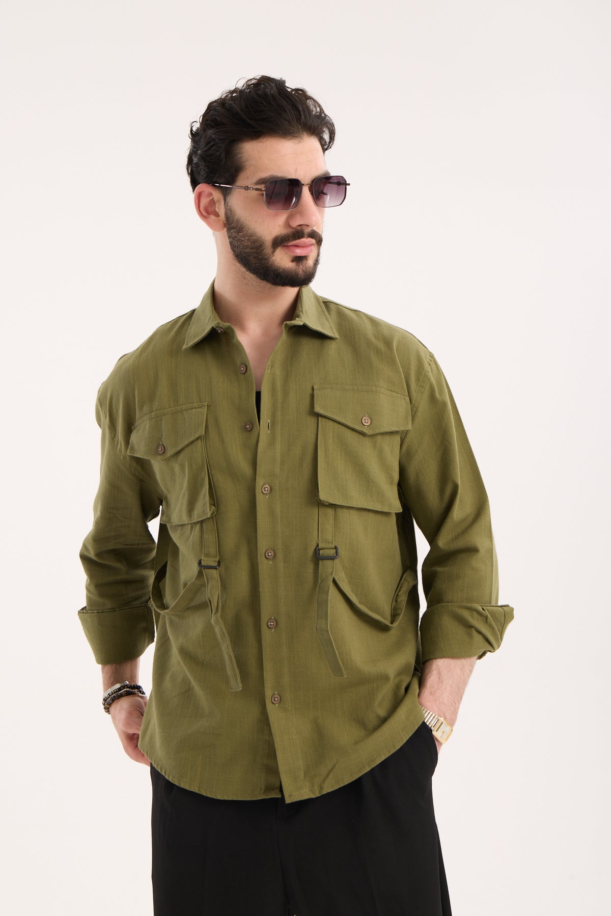 Men’s Long Sleeve Linen Band Collar Shirt with Double Pockets – R-6071