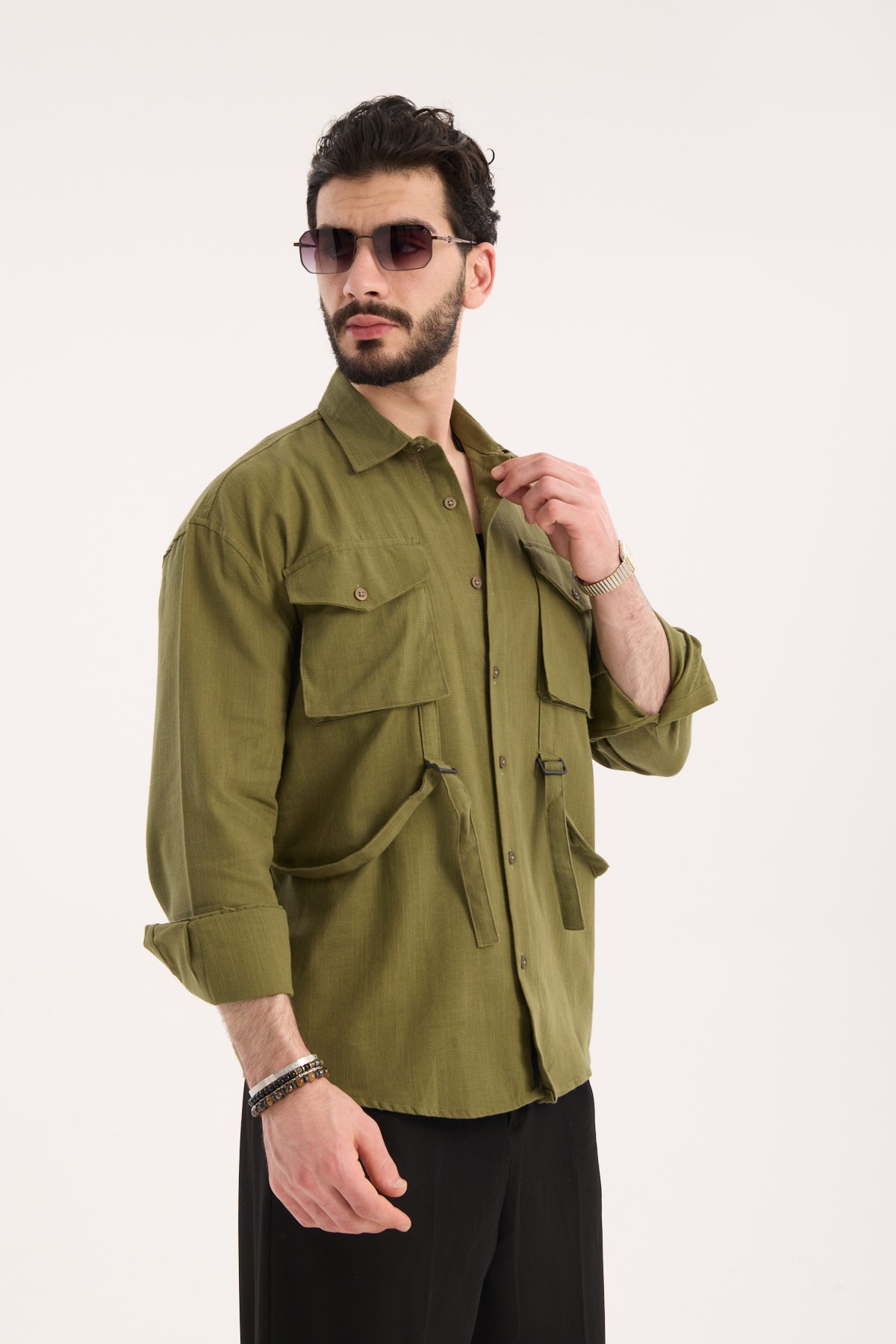 Men’s Long Sleeve Linen Band Collar Shirt with Double Pockets – R-6071