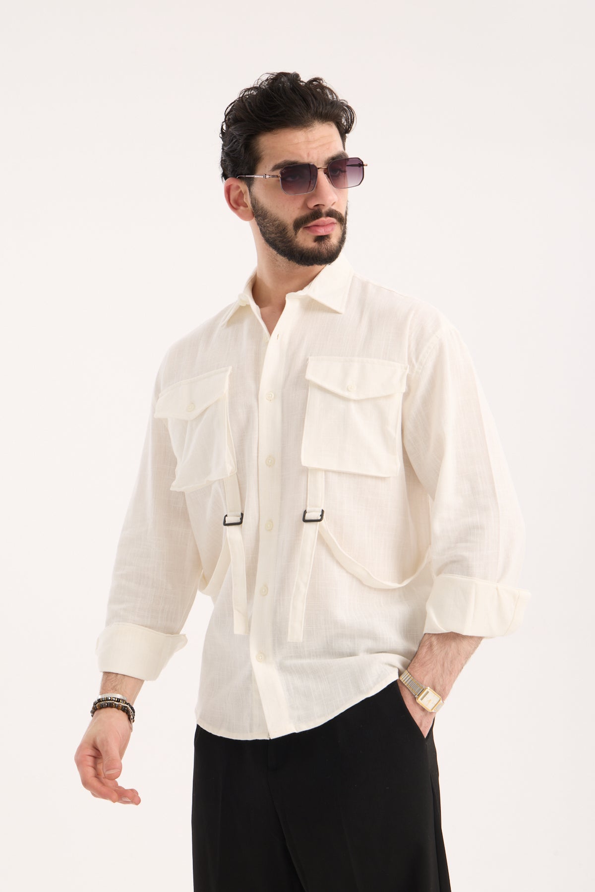 Men’s Long Sleeve Linen Band Collar Shirt with Double Pockets – R-6071