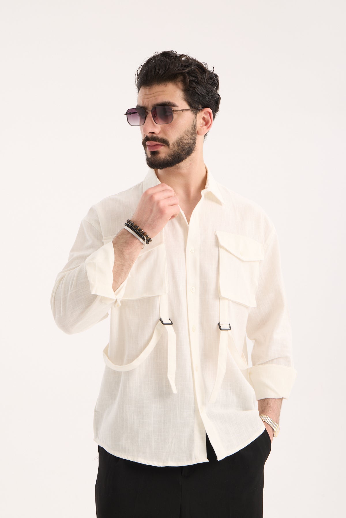 Men’s Long Sleeve Linen Band Collar Shirt with Double Pockets – R-6071