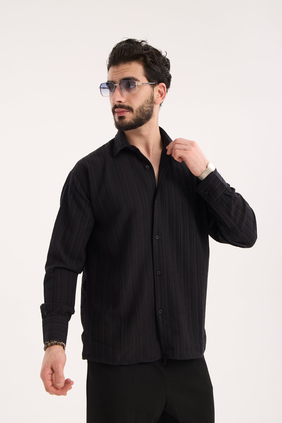 Long Sleeve Textured Shirt with Embroidery – X-0015
