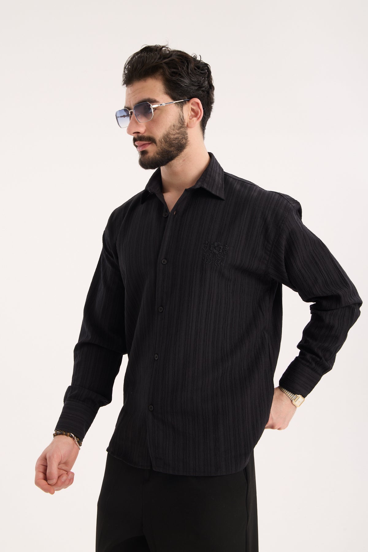 Long Sleeve Textured Shirt with Embroidery – X-0015